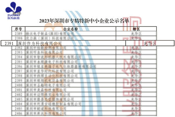 喜報丨深圳作為科技獲得2023年深圳市專(zhuān)精特新中小企業(yè)認定